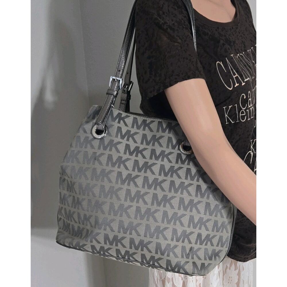 Michael Kors MK Logo Tote Bag Gray Black Large Shoulder Purse Silver